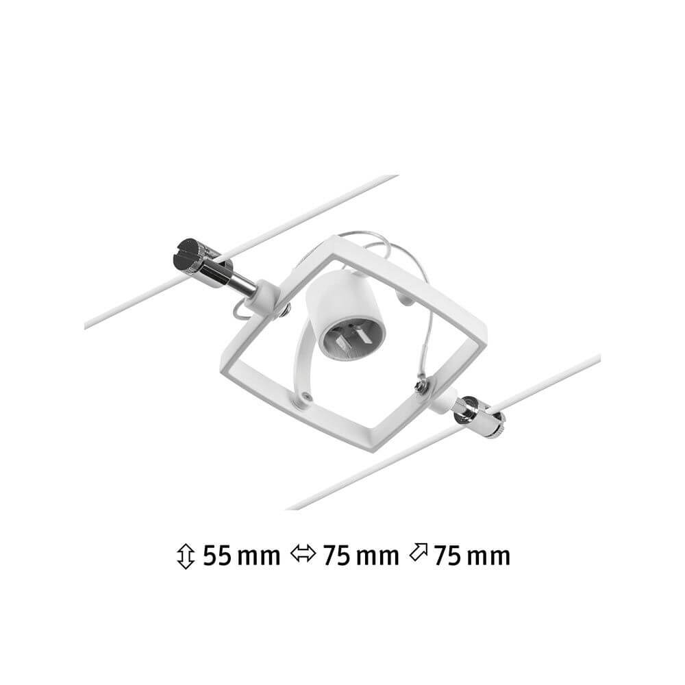 CorDuo Seilsystem Mac II Einzelspot Weiß-Matt, Chrom in quadratischer Form mit Abmessungen.