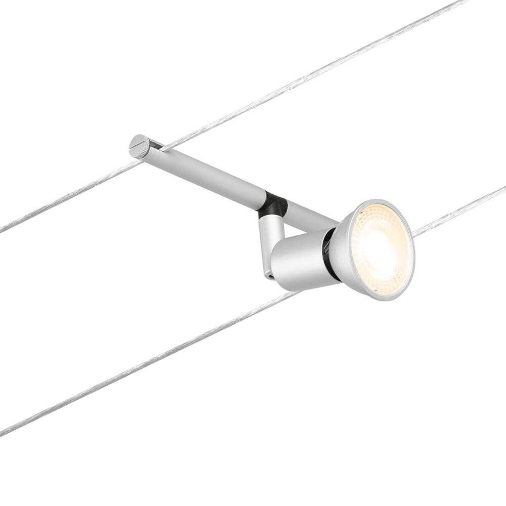 CorDuo Seilsystem Salt Basis-Set Chrom-Matt mit modernem Spot an Seil montiert.