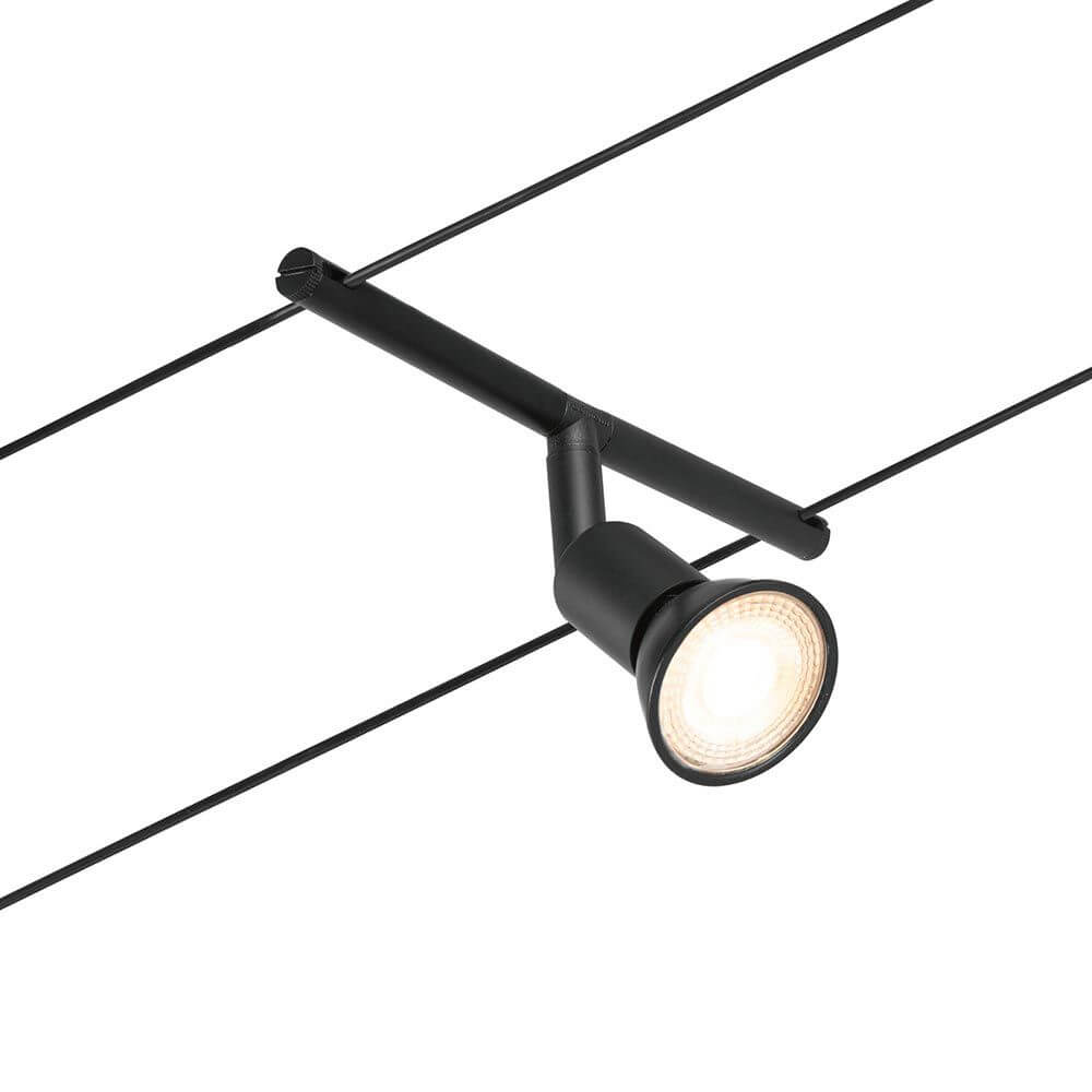CorDuo Seilsystem Salt Basis-Set Schwarz-Matt, Chrom mit schwarzem Spot auf Seil montiert.