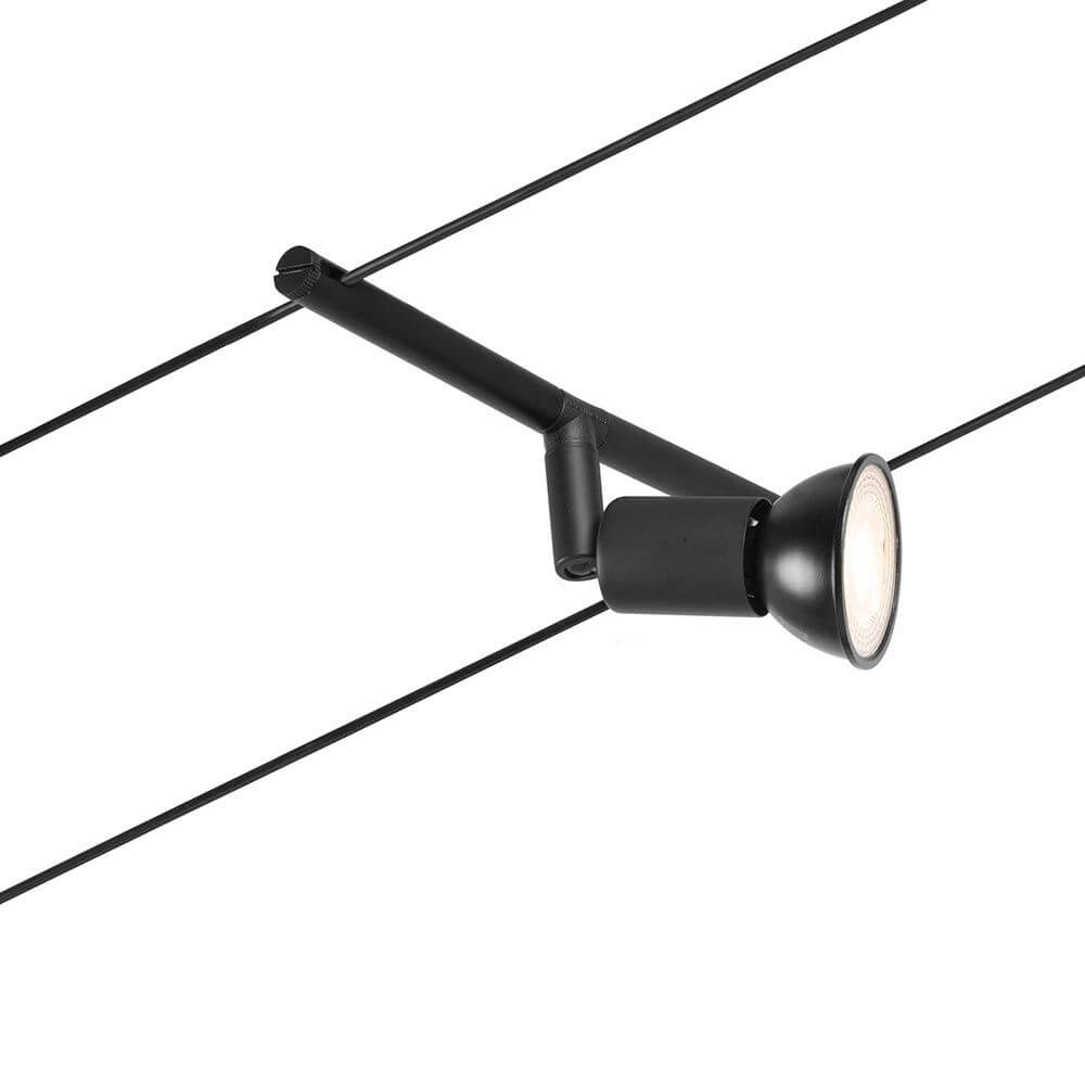 CorDuo Seilsystem Salt Basis-Set Schwarz-Matt, Chrom mit flexibler Deckenleuchte an Seil montiert