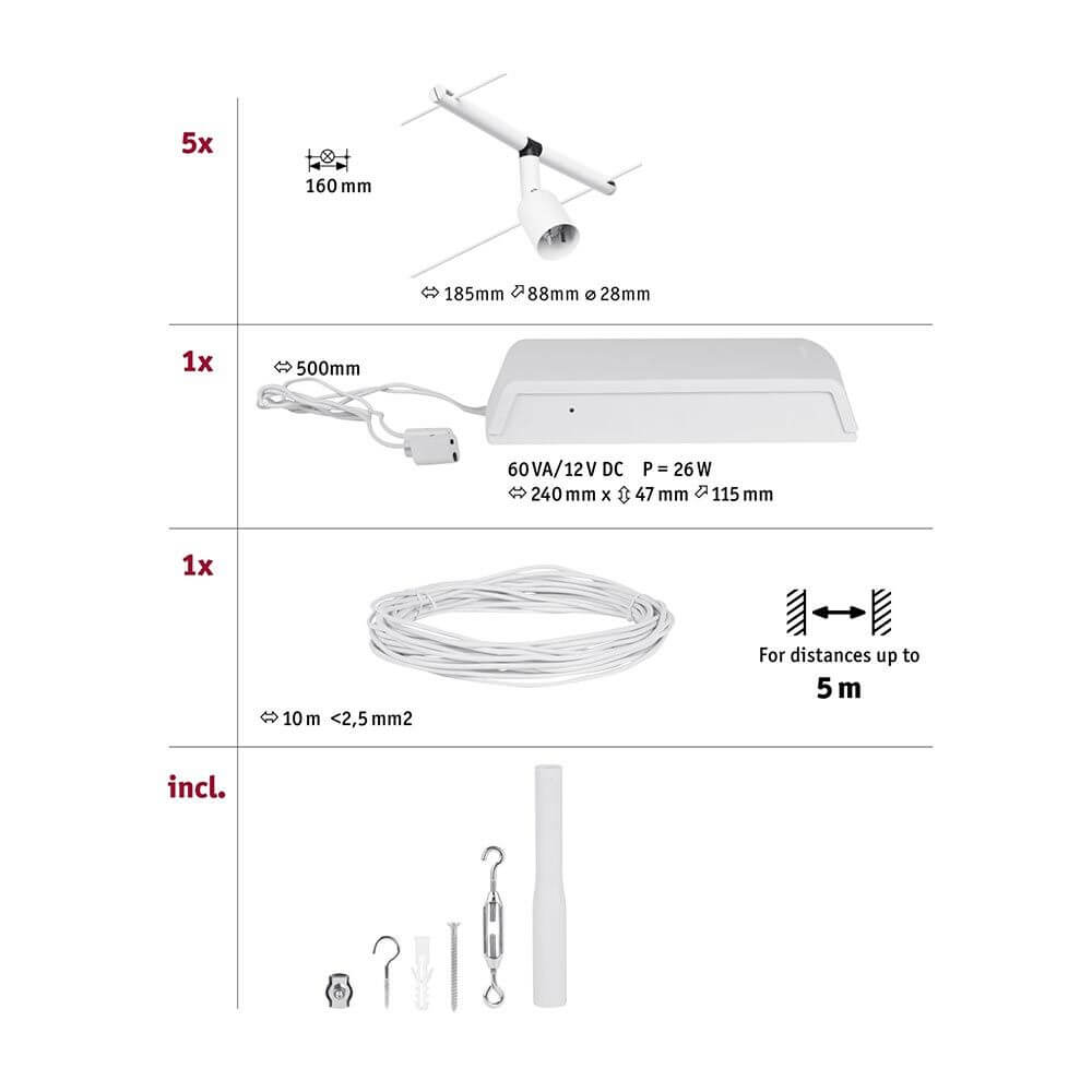 CorDuo Seilsystem Salt Basis-Set Weiß-Matt, Chrom mit Zubehör und Montageanleitung.