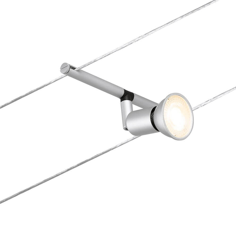 CorDuo Seilsystem Salt Einzelspot Chrom-Matt an Seil montiert, ideal für flexible Beleuchtung.