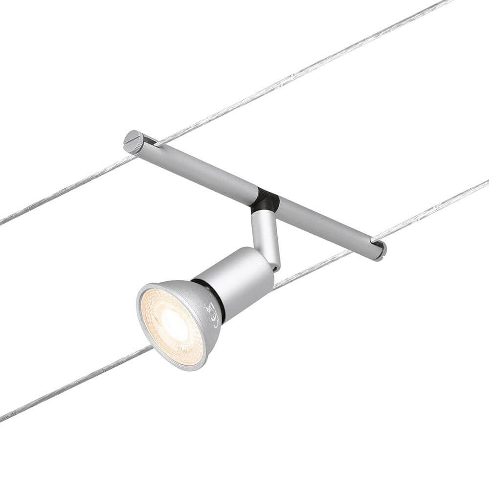 CorDuo Seilsystem Salt Einzelspot Chrom-Matt an einem Seil montiert, ideal für kreative Lichtlösungen.