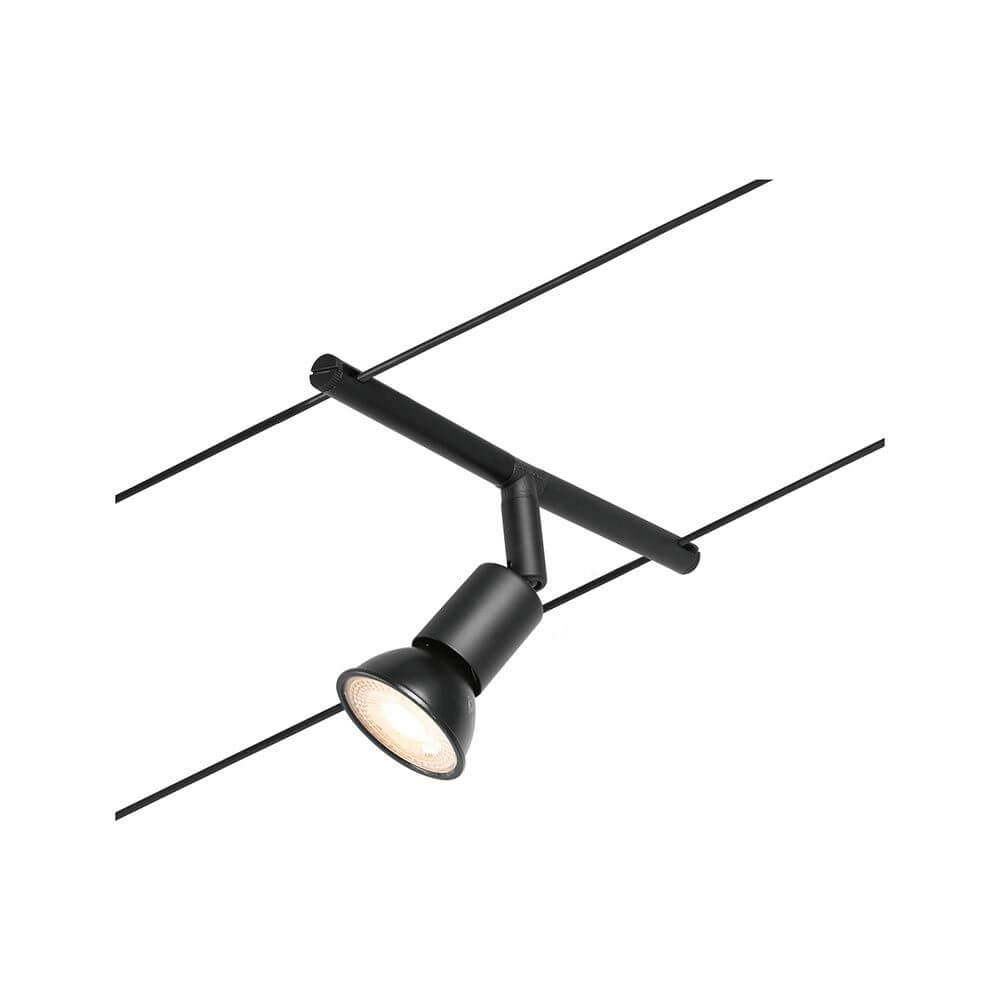 CorDuo Seilsystem Salt Einzelspot Schwarz-Matt, Chrom an Seil montiert, moderne Lichtlösung für flexible Raumgestaltung.
