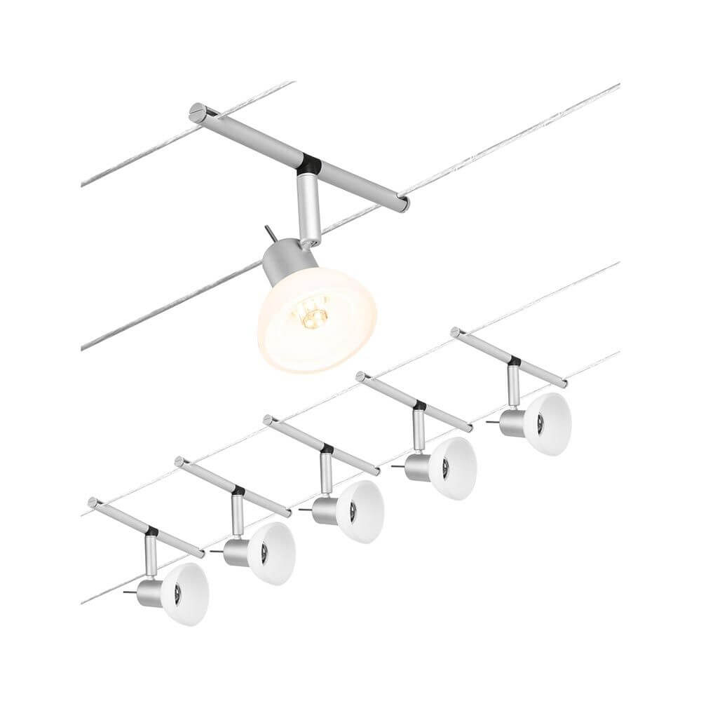 CorDuo Seilsystem Sheela Basis-Set Chrom-Matt mit einer Deckenleuchte und mehreren Spots.