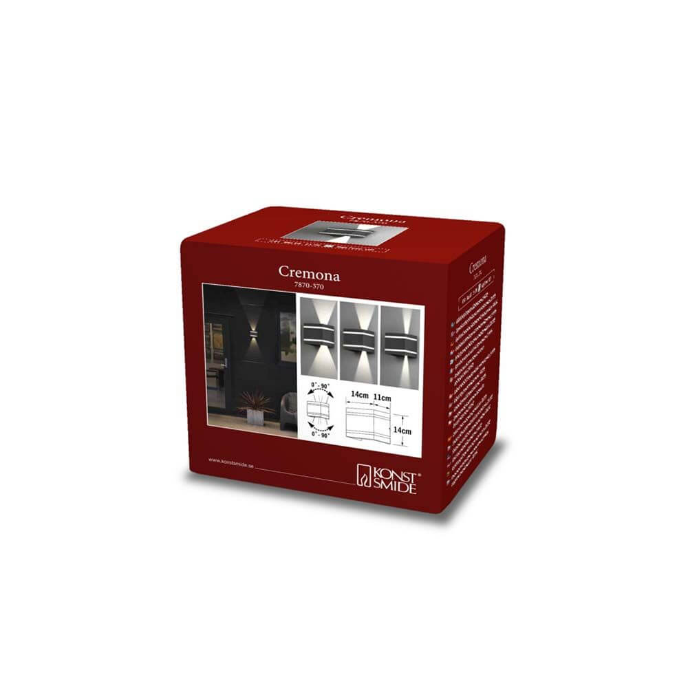 Cremona LED Außen Wandleuchte Verpackung mit Produktdetails und Abmessungen auf rotem Hintergrund.
