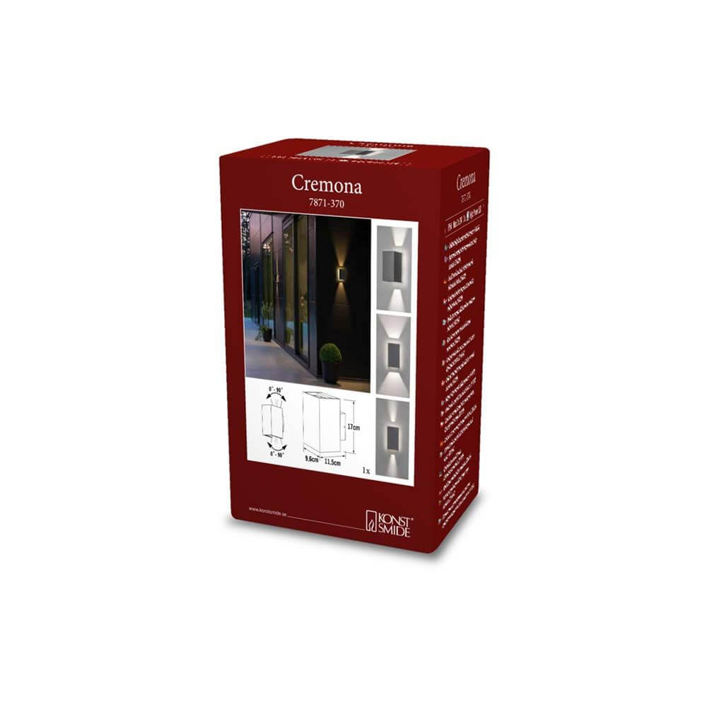 Cremona LED Außenwandleuchte IP54 Verpackung mit technischen Details und Anwendungshinweisen.