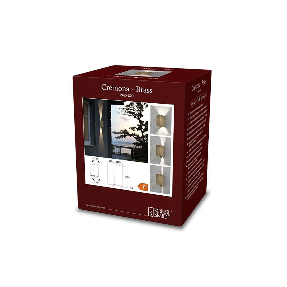 Verpackung der Cremona LED Messing Wandleuchte mit detaillierter Abbildung und Produktinformationen.