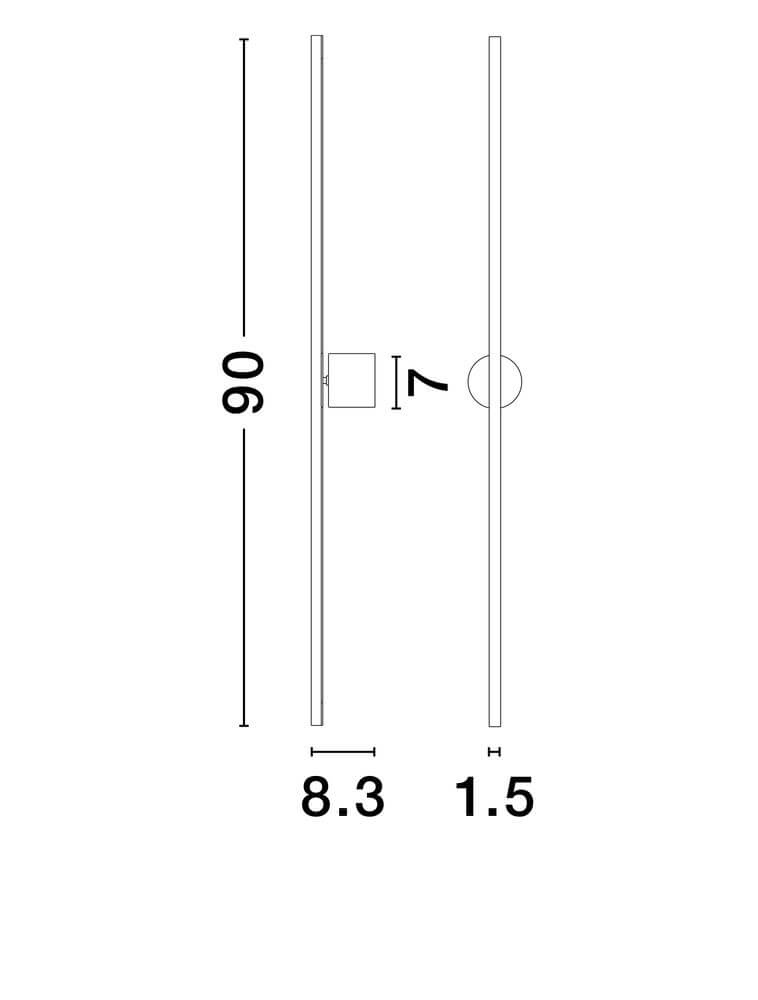 Maßzeichnung der Cretel LED Wandleuchte 3000K Schwarz IP44 mit Abmessungen 90x8.3x1.5 cm.