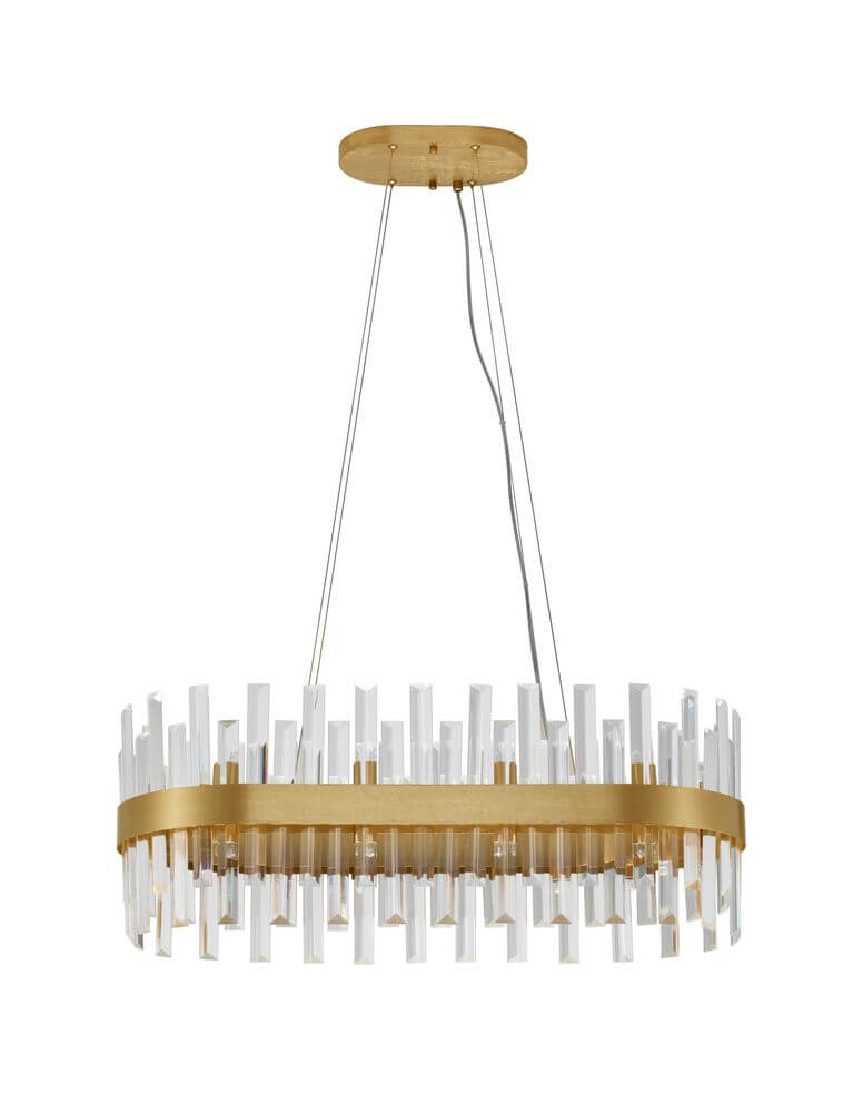 Crown Pendelleuchte 10-flammig Gold-Satiniert mit Kristallglasstäben, elegantes Design und atmosphärische Beleuchtung.