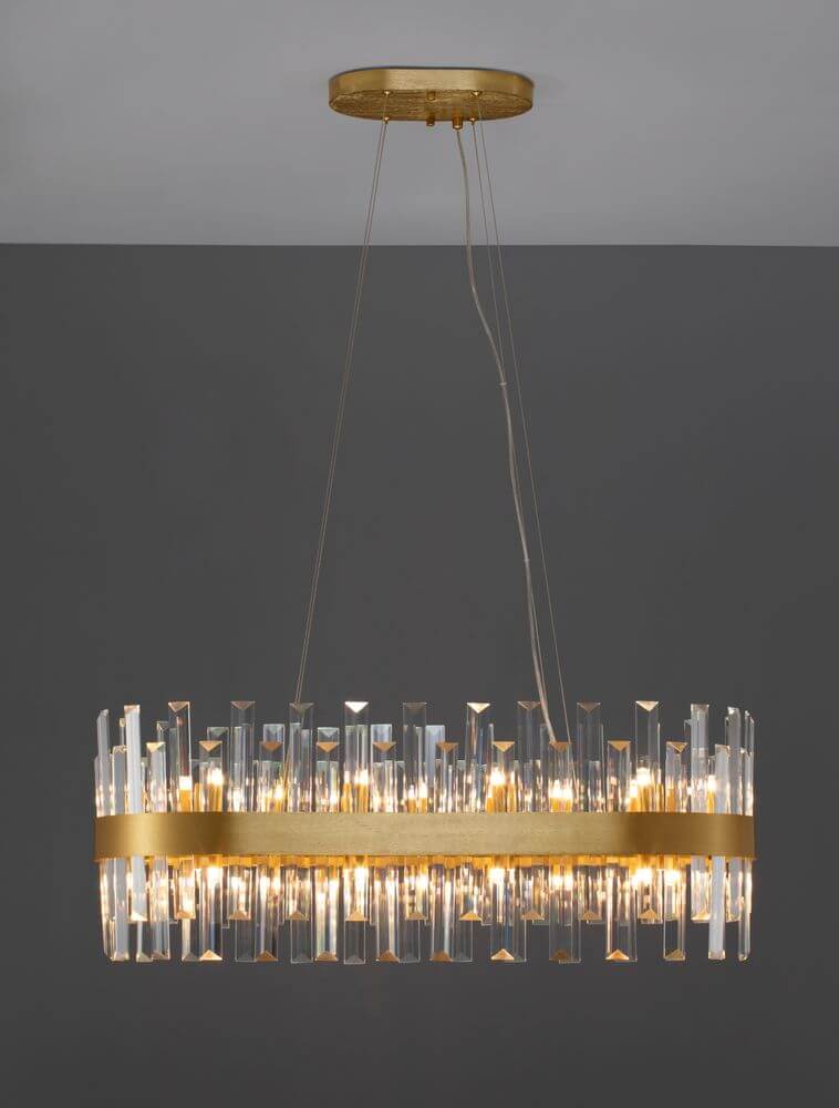 Crown Pendelleuchte 10-flammig Gold-Satiniert im eleganten Design mit Kristallglasstäben und satinierter Gold-Oberfläche.