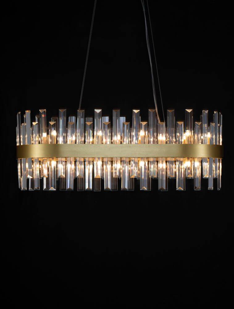 Crown Pendelleuchte 10-flammig Gold-Satiniert mit Kristallglasstäben und goldenem Metallband.