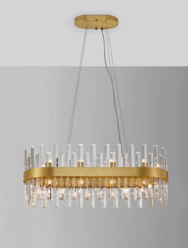 Crown Pendelleuchte 10-flammig Gold-Satiniert mit kristallenen Lichtstäben und elegantem Design.