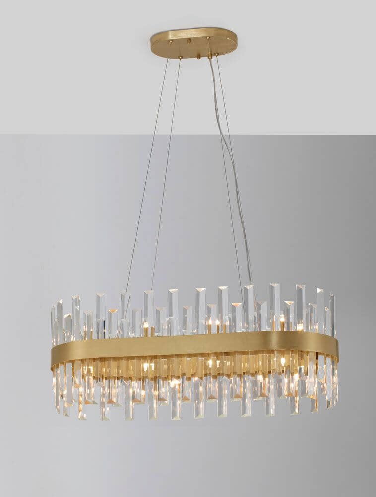 Crown Pendelleuchte 10-flammig Gold-Satiniert mit Kristallglasstäben und elegantem Design.
