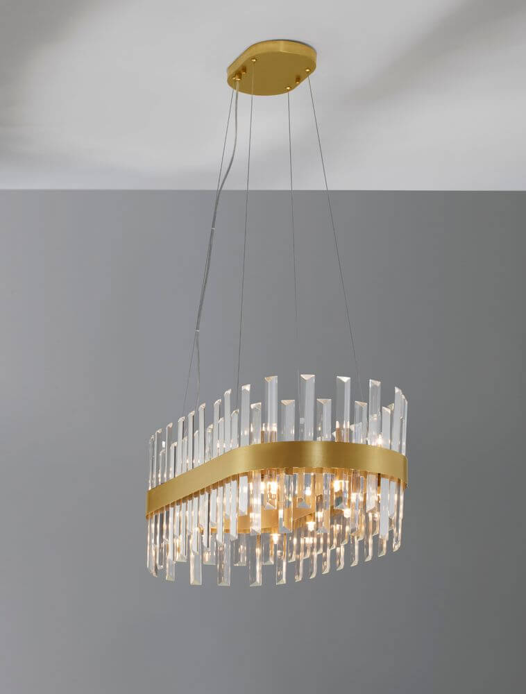 Crown Pendelleuchte 10-flammig Gold-Satiniert mit Kristallglasstäben und elegantem Design.