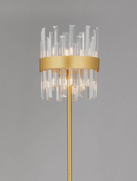 Lampadaire Crown doré avec une finition dorée élégante et des barres lumineuses modernes pour un éclairage raffiné de l’espace.