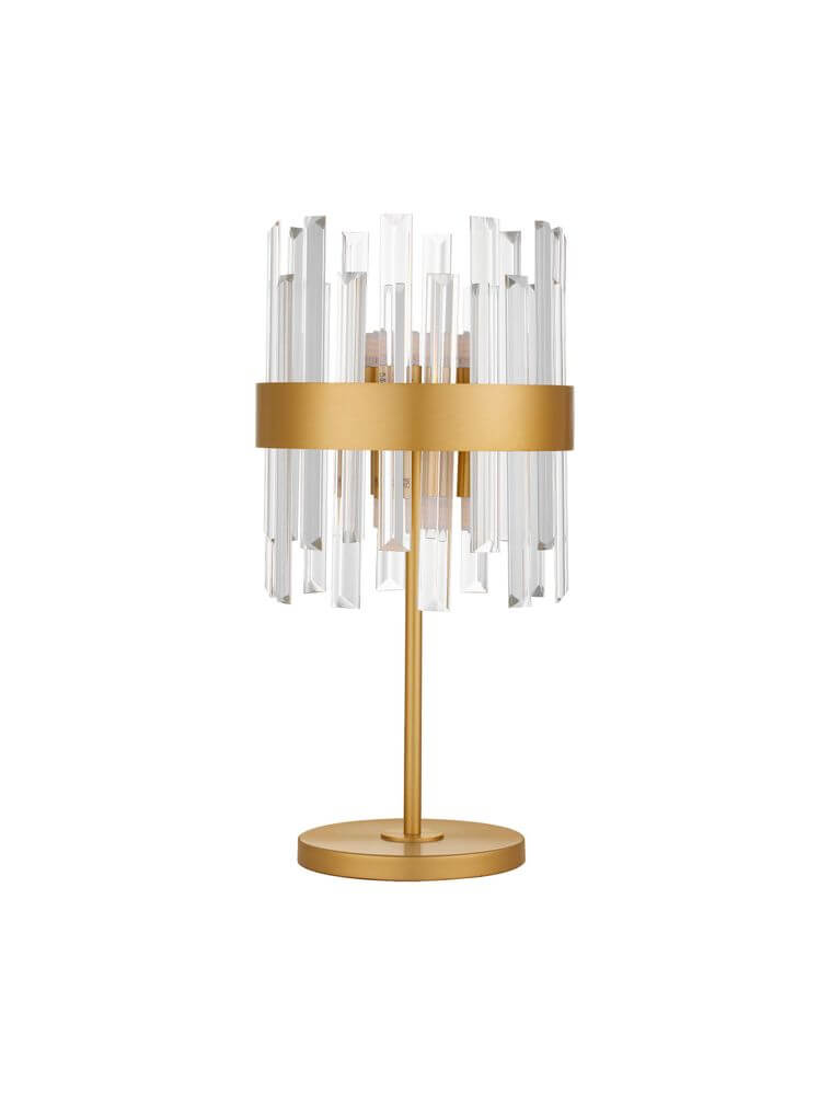Crown Tischleuchte Gold mit klaren Glasstäben und elegantem goldenen Design.