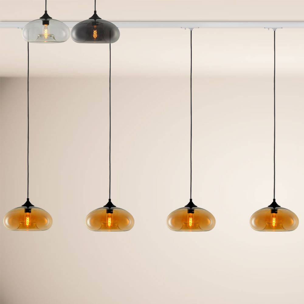 s.luce Cruet Low Esstisch-Pendelleuchte 1-Phasen-Schiene Endeinspeiser mit fünf hängenden Lampenschirmen