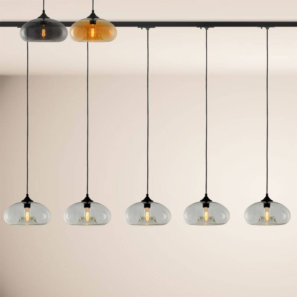 s.luce Cruet Low Esstisch-Hängelampe 1-Phasen-Schiene Mitteleinspeiser in modernem Design mit Glaslampenschirmen