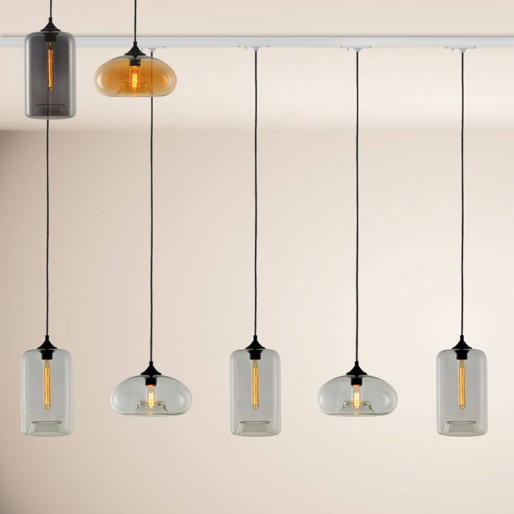 s.luce Cruet Esstischlampe 1-Phasen-Schiene 200cm Mitteleinspeiser mit hängenden Lampenschirmen