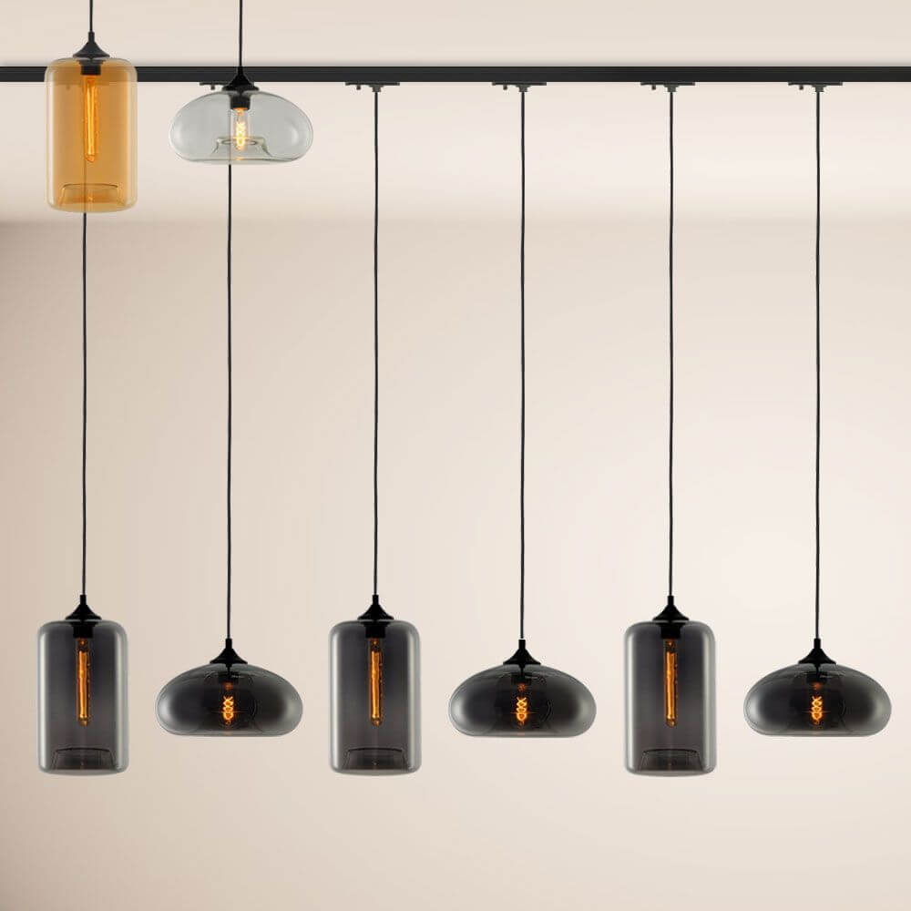 s.luce Cruet Esstischlampe 1-Phasen-Schiene 200cm Mitteleinspeiser mit verschiedenen Pendelleuchten.