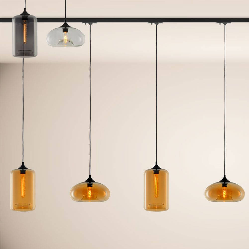 s.luce Cruet Esstischlampe 1-Phasen-Schiene 200cm Mitteleinspeiser mit verschiedenen hängenden Glaskörpern.