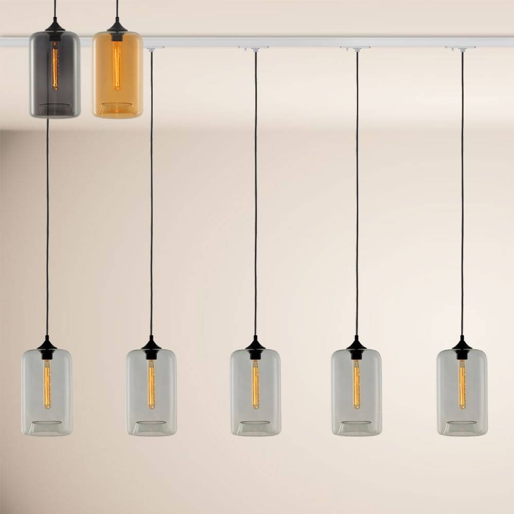 s.luce Cruet Up Esstisch-Pendellampe 1-Phasen-Schiene Endeinspeiser mit Glaskörpern in verschiedenen Farben.