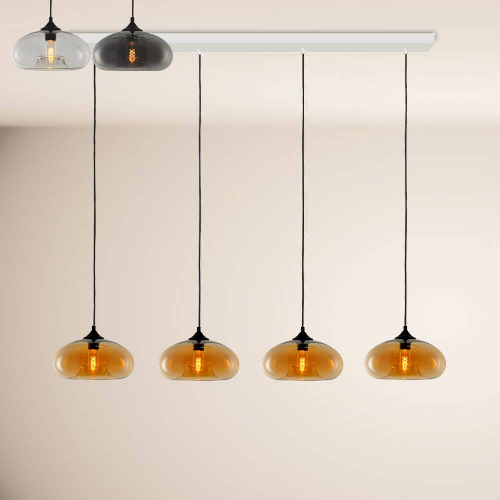 s.luce Cruet Low Esstisch-Hängeleuchte 2 bis 5-flammig 160cm mit Glaskugeln in edlem Design.