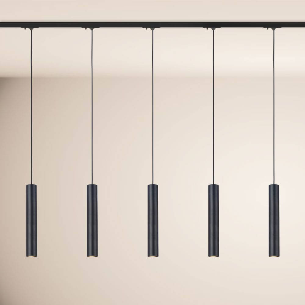 s.luce Crutch Hängeleuchte 1-Phasen-Schienensystem Mitteleinspeiser in modernem Design mit fünf Pendelleuchten.