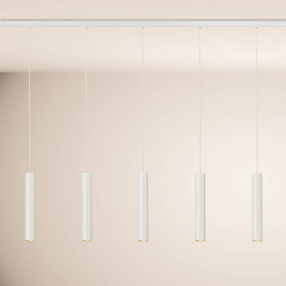 s.luce Crutch Hängeleuchte 1-Phasen-Schienensystem Mitteleinspeiser mit weißen Lampen in modernem Design.