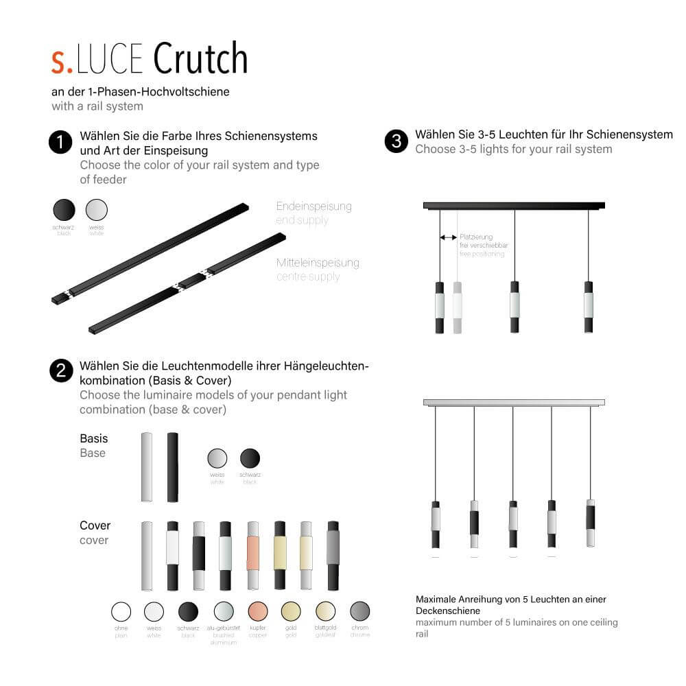 s.luce Crutch Lampe à suspendre Rail monophasé 200cm Alimentation finale