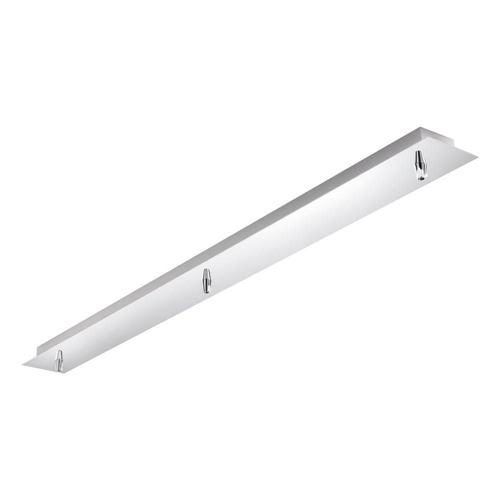 Deckenrose für 3 Pendelleuchten aus Chrom, Montagebügel Abstand 76 cm, Höhe 3 cm.