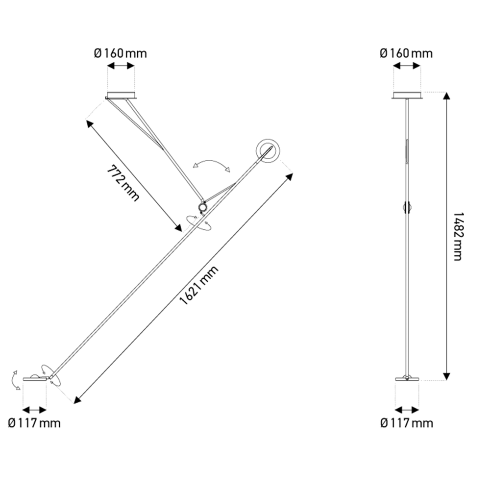 DCWéditions Aaro LED Deckenleuchte 160cm schwenkbar technische Zeichnung mit Abmessungen