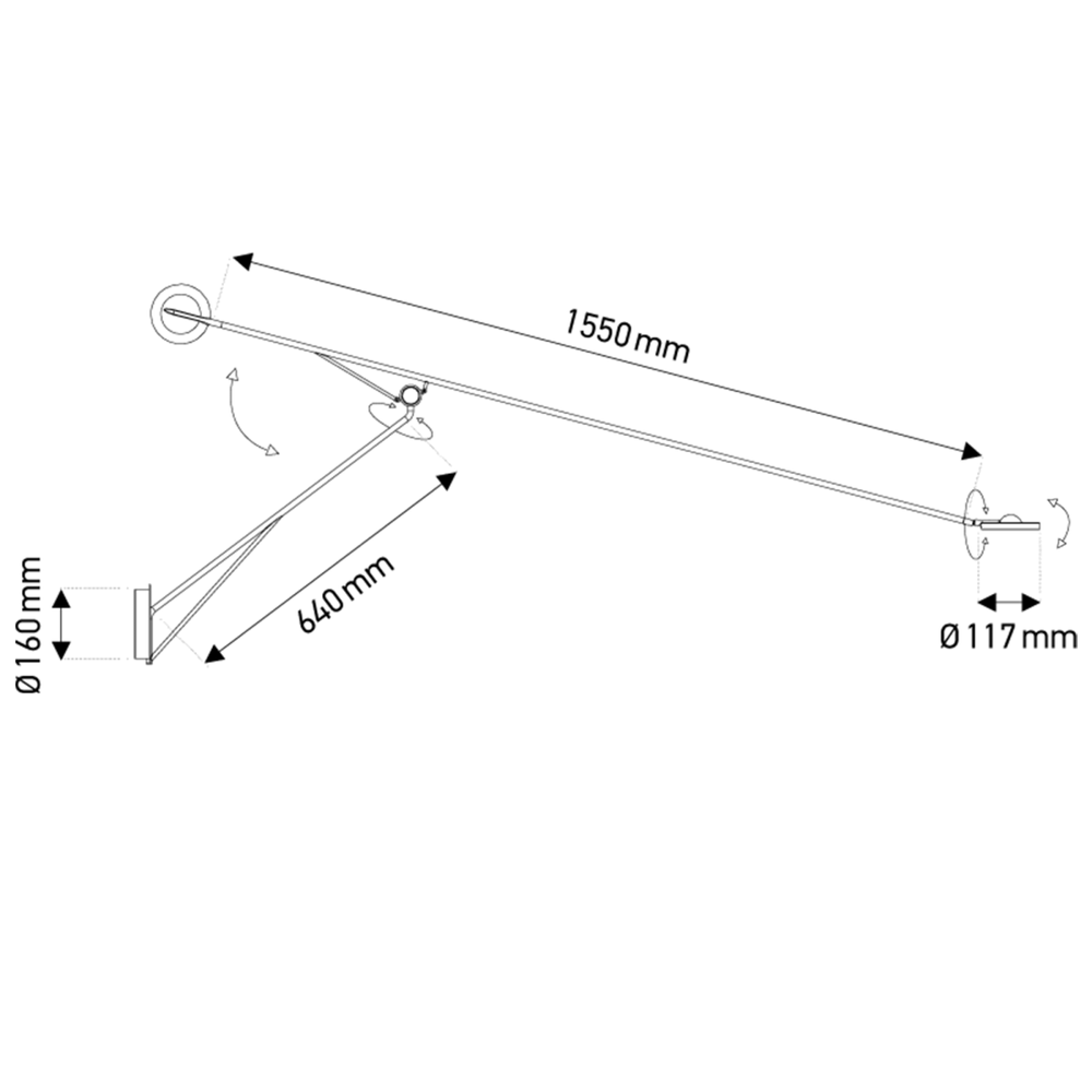 DCWéditions Aaro LED Wandleuchte 160cm schwenkbar Maße und Designskizze