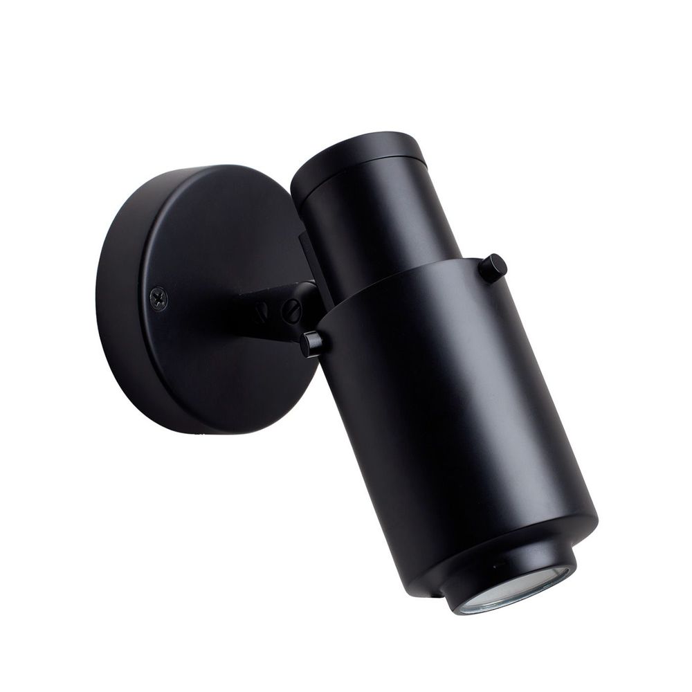 Biny Spot Wandleuchte in Schwarz, verstellbar mit Kugelgelenk und fokussierbarem Lichtstrahl.