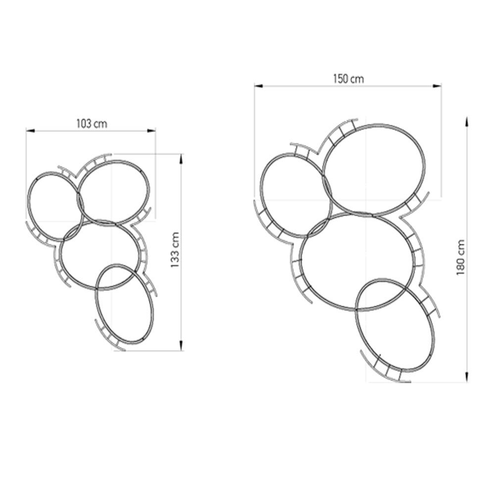Maßzeichnung des DCWéditions Broche LED Kronleuchters in zwei Perspektiven, zeigt Dimensionen in cm.