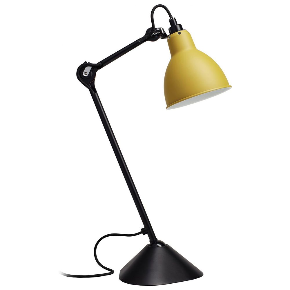 Tischlampe DCWéditions Gras N°205 mit schwenkbarem gelbem Schirm und schwarzem Untergestell.