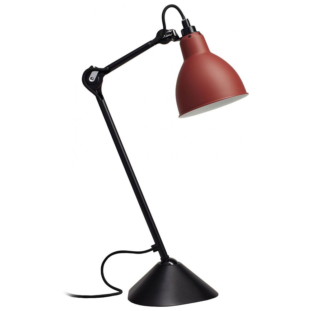 DCWéditions Gras N°205 Tischlampe mit schwenkbarem Schirm in Schwarz und Rot, ikonisches Leuchtendesign.