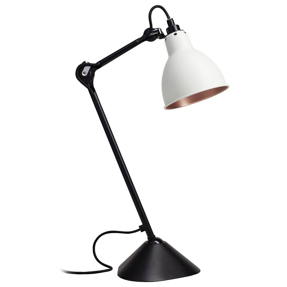 Schwarze DCWéditions Gras N°205 Tischlampe mit schwenkbarem weißem Schirm und eleganter Basis.