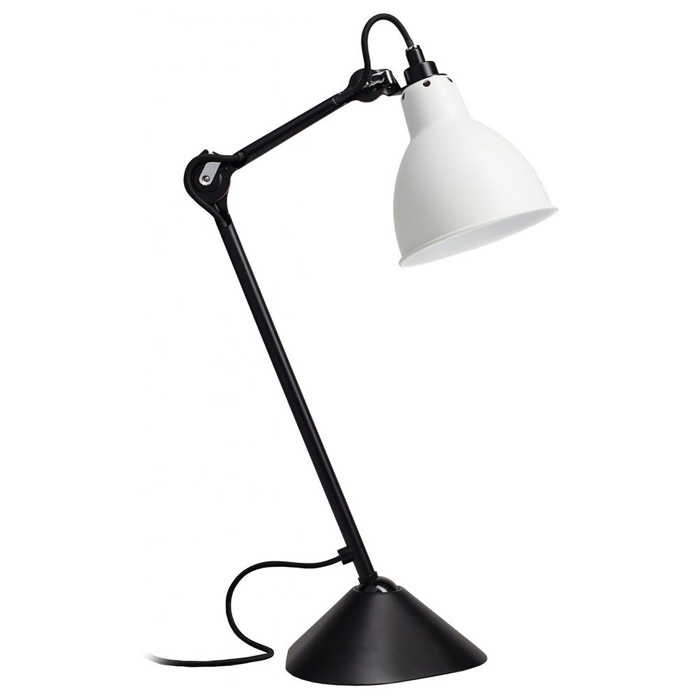 DCWéditions Gras N°205 Tischlampe mit schwenkbarem Schirm, ikonisches Leuchtendesign von 1921 in Schwarz und Weiß.