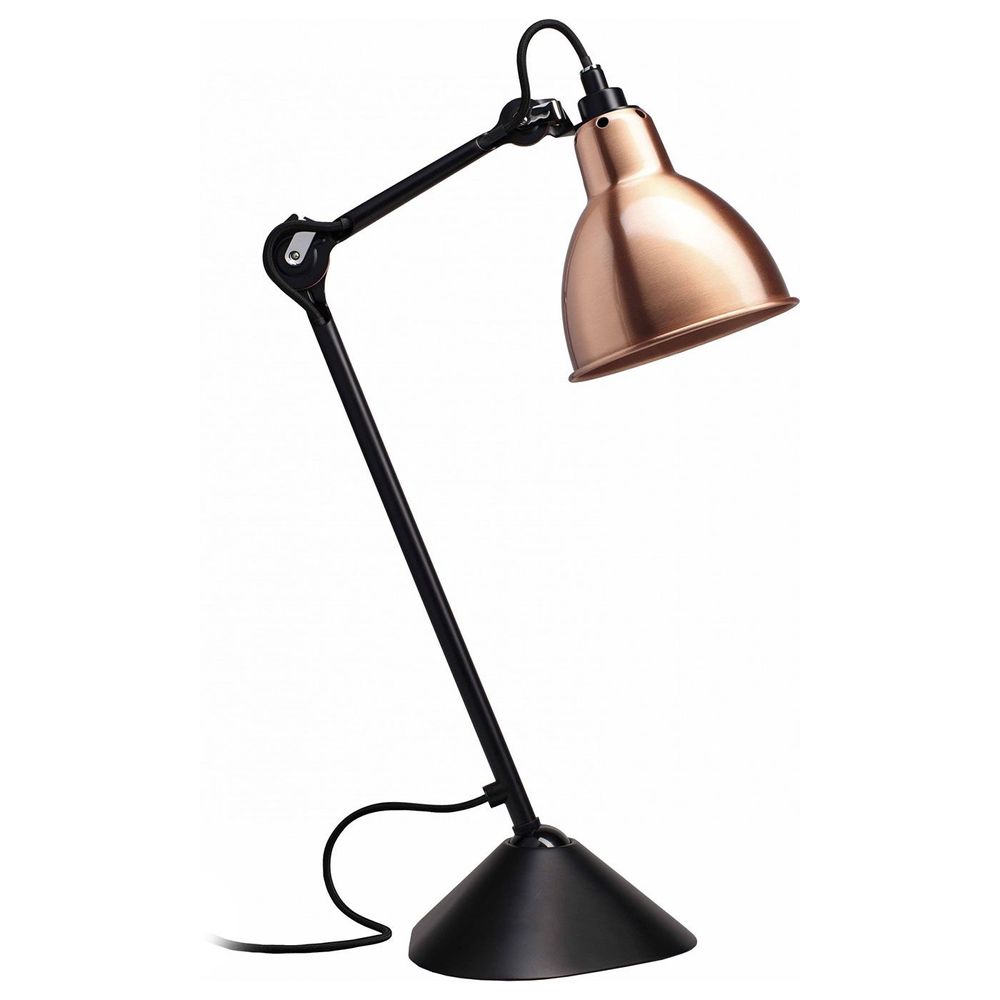 Schwenkbare Tischlampe Gras N°205 von DCWéditions mit schwarzem Gestell und kupferfarbenem Schirm.