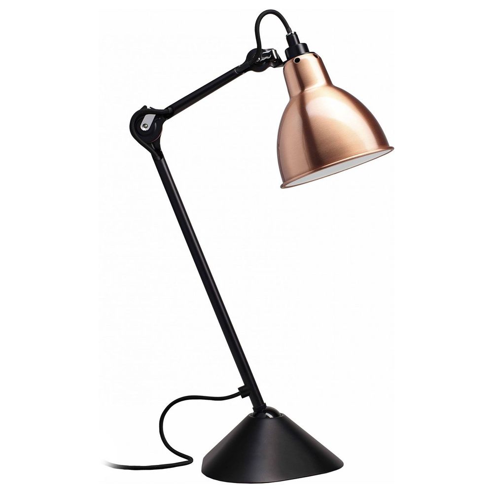 Moderne DCWéditions Gras N°205 Tischlampe mit schwenkbarem Schirm in schwarz und Kupfer.