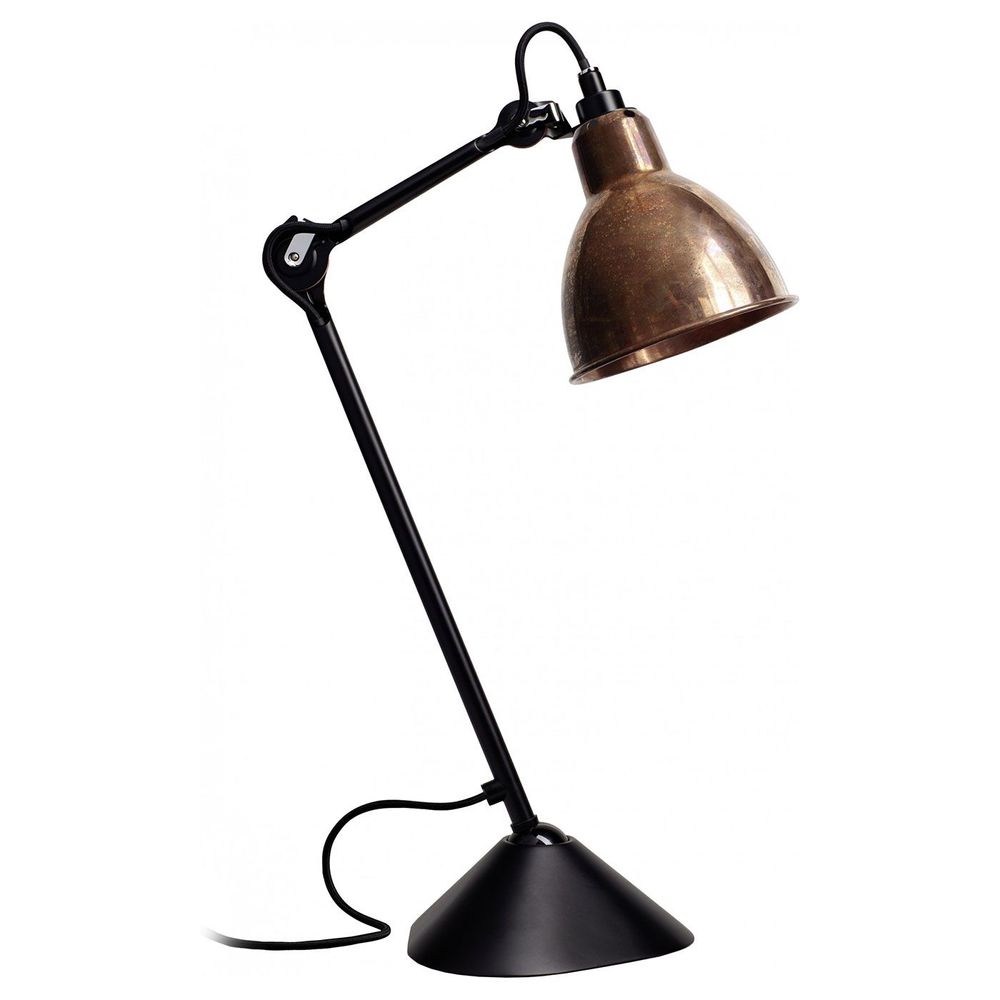 DCWéditions Gras N°205 Tischlampe mit schwenkbarem Schirm und hochwertiger Verarbeitung in Schwarz und Kupfer.