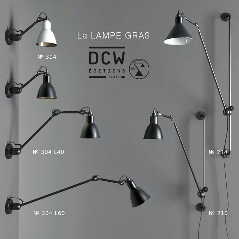DCWéditions La Lampe Gras Wandleuchten Nr. 304, 210 und 304 L60 und 304 L40 an einer Wand präsentiert.