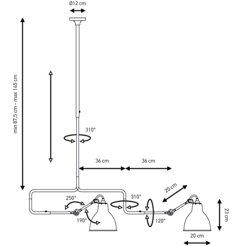 Technische Zeichnung der DCWéditions Gras N°312 Deckenlampe mit Abmessungen und Details.