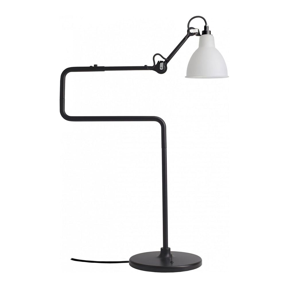 DCWéditions Gras N°317 Tischlampe mit Schirm schwenkbar mit schwarzem Gestell und weißem Schirm