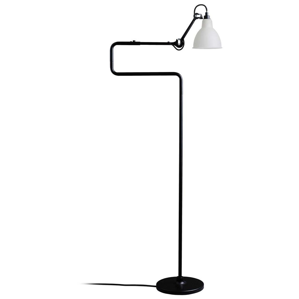 Schwarze Stehlampe Gras N°411 mit drehbarem weißem Lampenschirm, ergonomisches und schlichtes Design.
