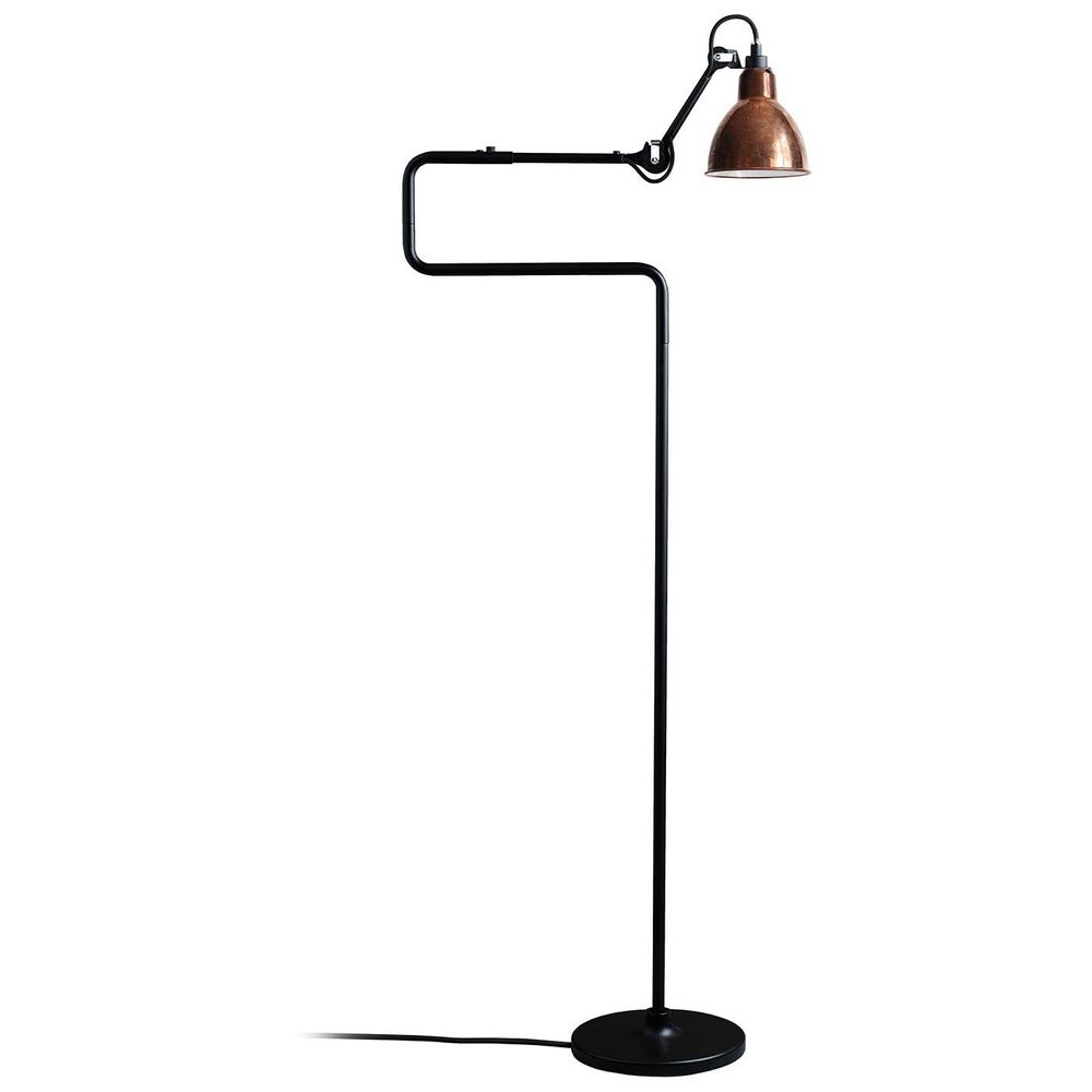 DCWéditions Gras N°411 Stehlampe in Schwarz und Kupfer, drehbar, elegantes Design, ideal für Büros und Industrie.