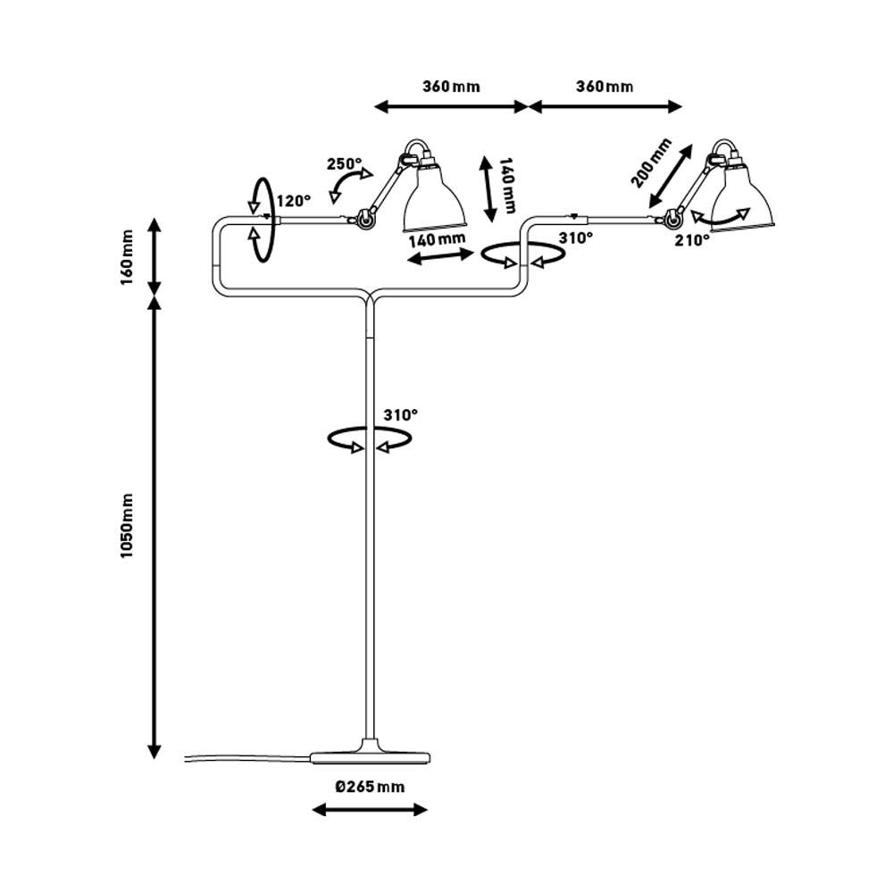 Technische Zeichnung der DCWéditions Gras N°411 Stehlampe mit drehbarem Schirm und Abmessungen.