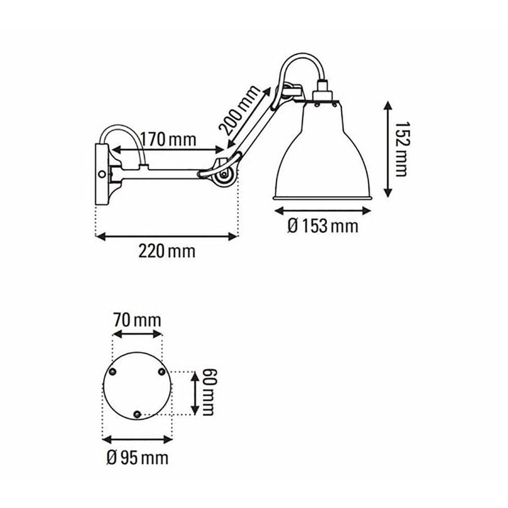 Technische Zeichnung der DCWéditions Gras N°204 M Wandleuchte mit Abmessungen.